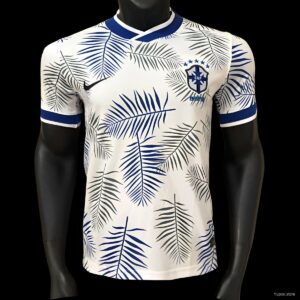 Maillot de joueur brésilien avec motif de feuilles de palmier blanches, 2025