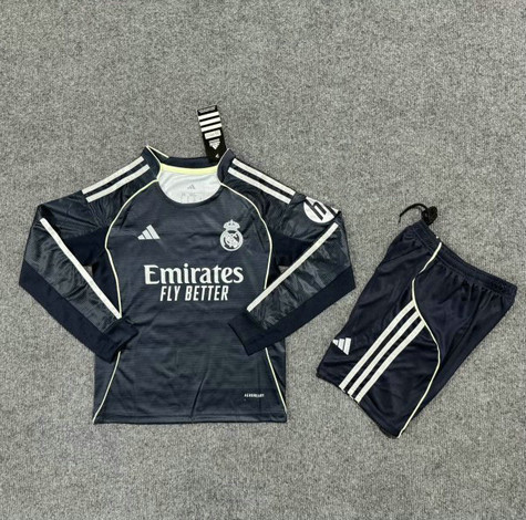 Maillot Real Madrid Enfant 2025 2026 Exterieur Manches Longues - Noir