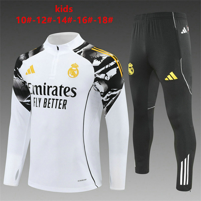 Survetement Real Madrid Enfant 2025 2026 Avec Logo Jaune - Blanc